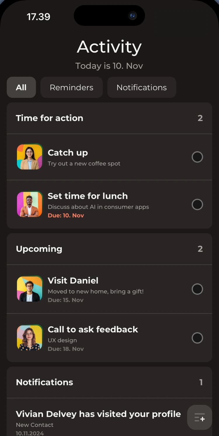 AddNow activity screen with a follow-up reminder due.