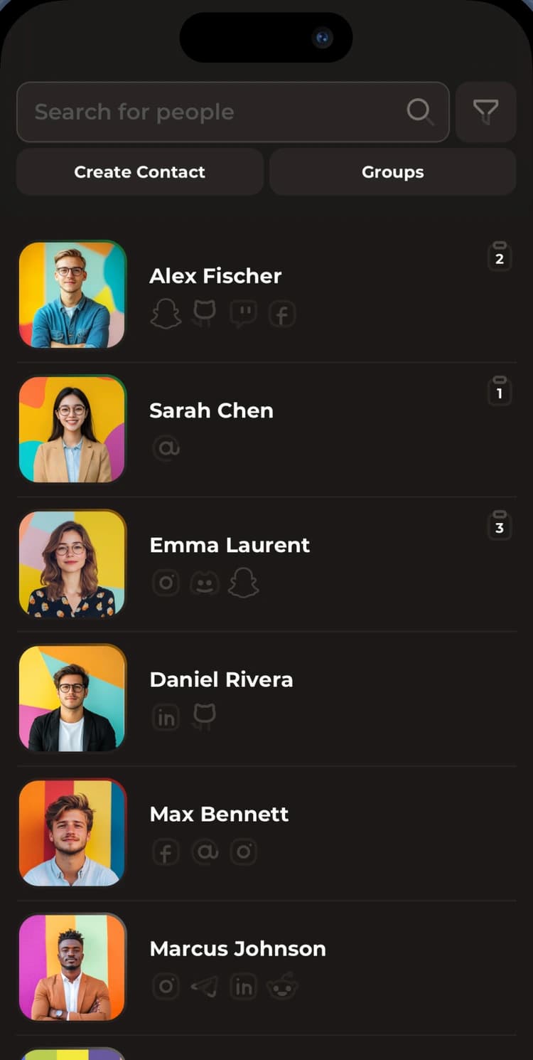 AddNow contacts list showing a newly saved connection.