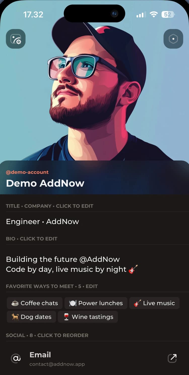AddNow profile screen with a name, title and share card ready to hand to someone new.