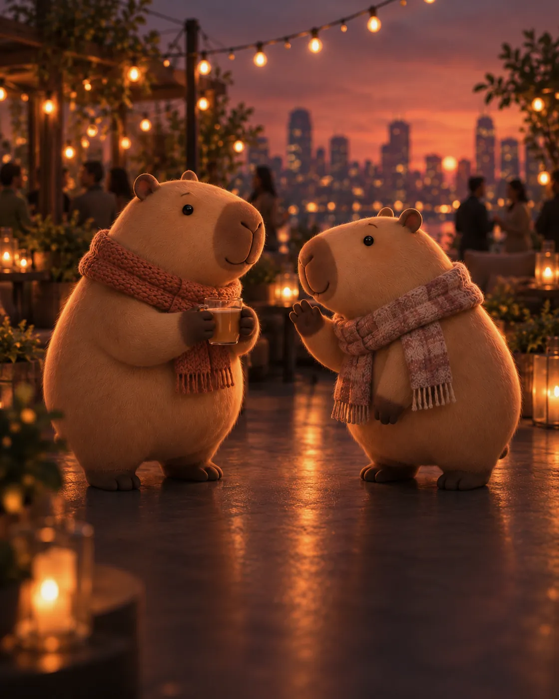 Two capybaras in scarves say a shy first hello on a rooftop at dusk