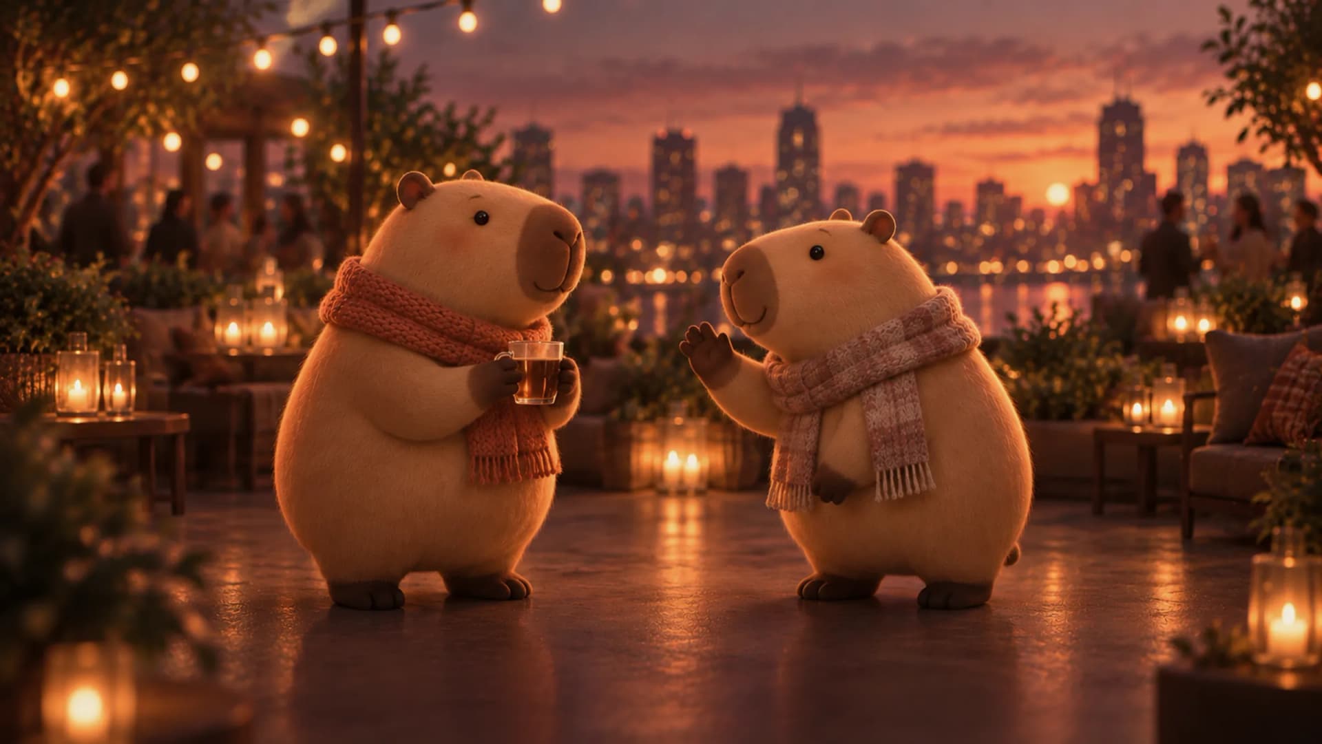 Two capybaras in scarves say a shy first hello on a rooftop at dusk