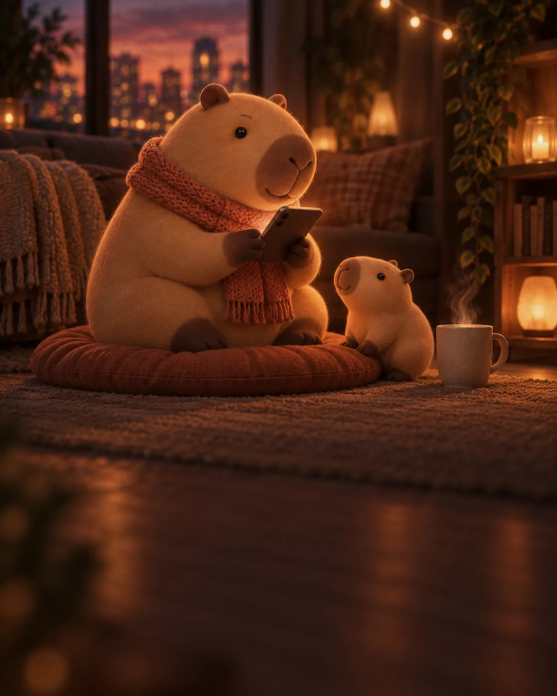 At home that night, one capybara smiles at a phone while tiny Buddy looks on.