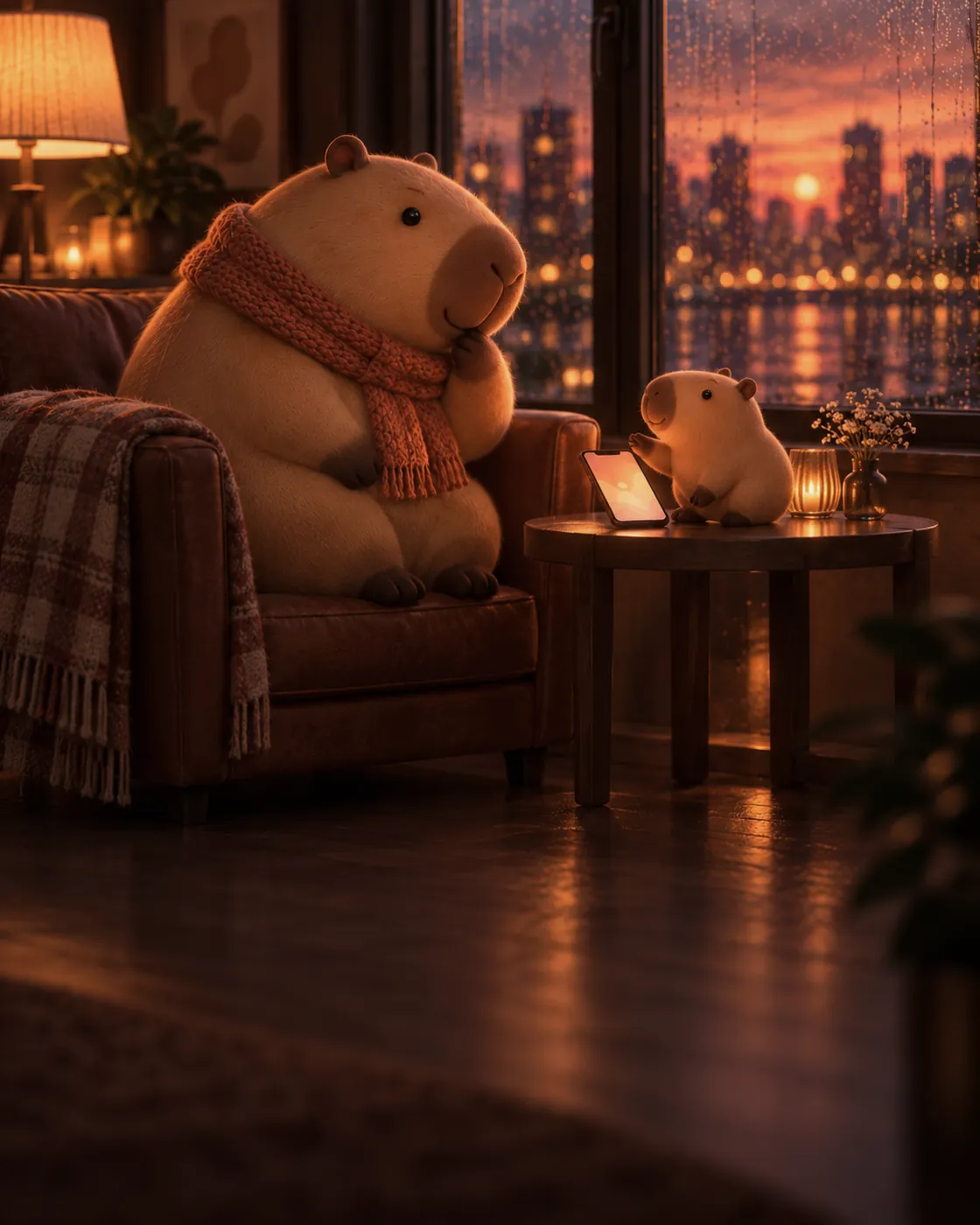 On a rainy evening, tiny Buddy points at a glowing phone beside the capybara.