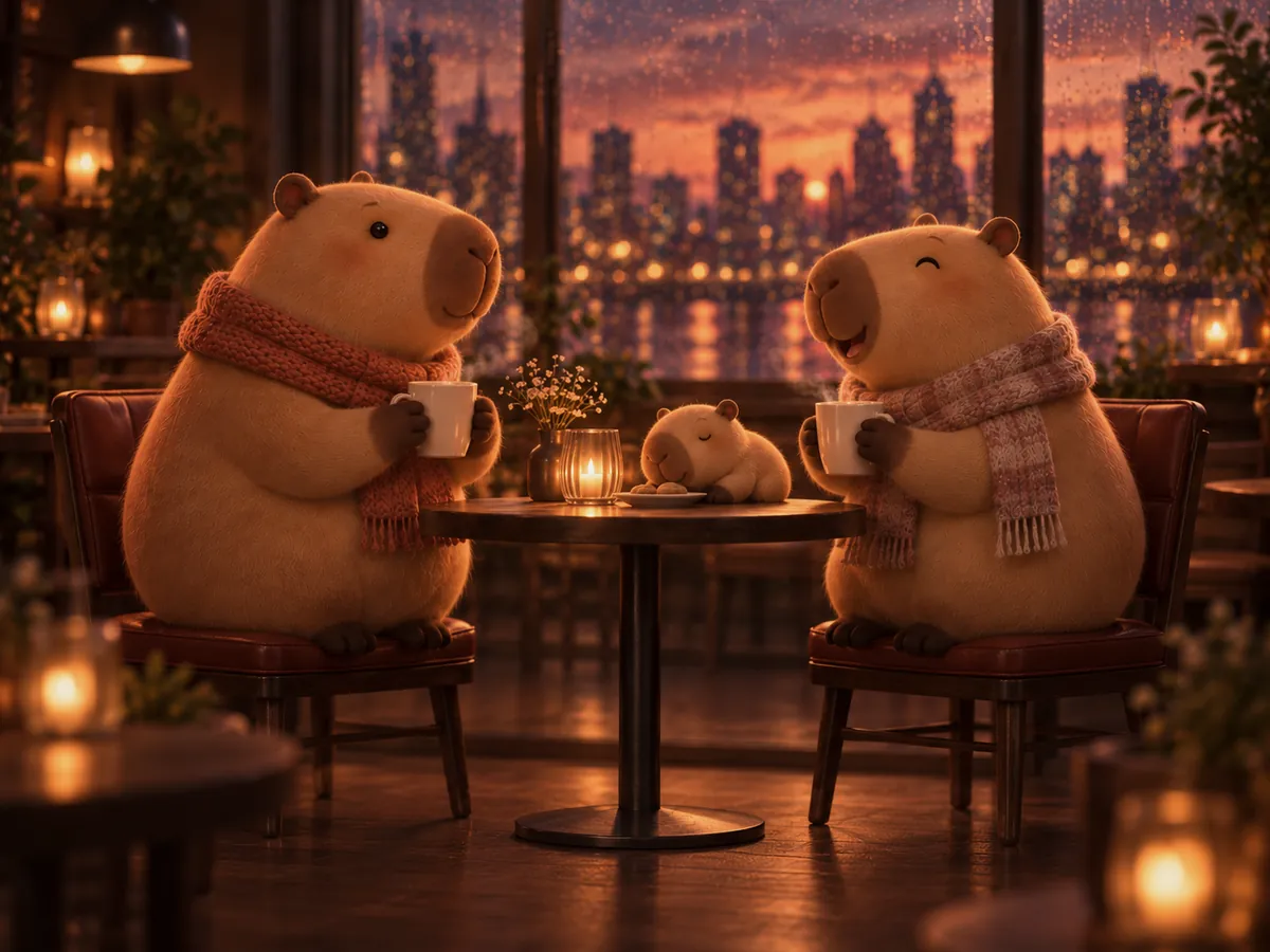 The same two capybaras laugh over coffee in a cafe while tiny Buddy sleeps on the table