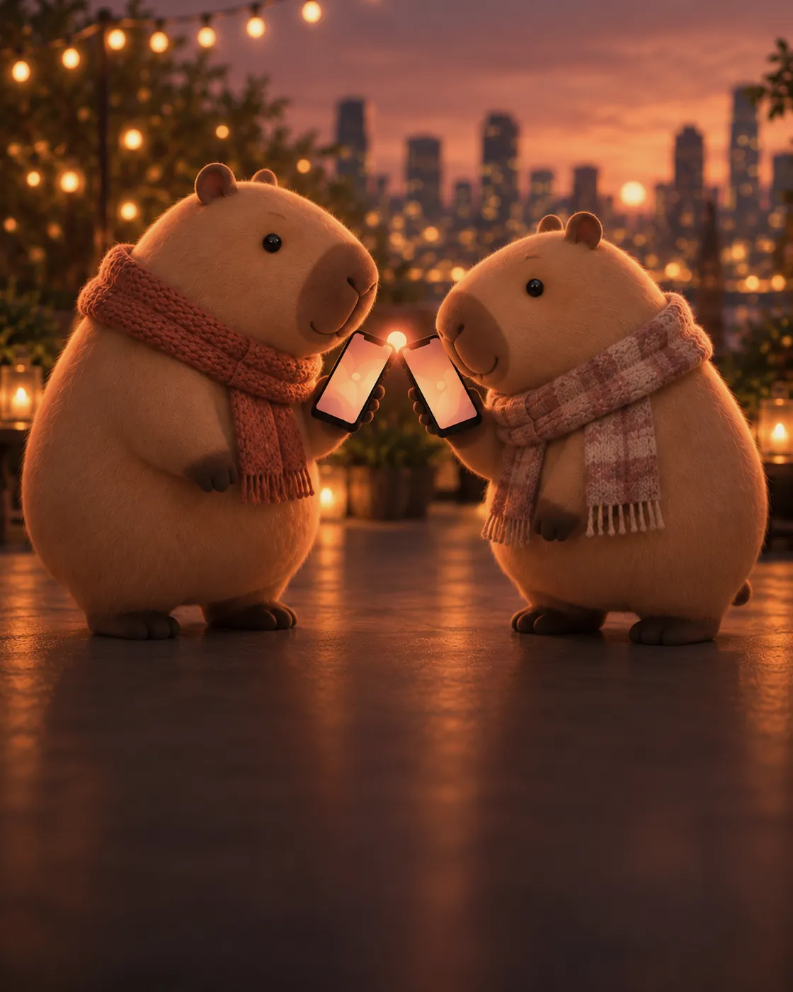 The two capybaras touch the corners of their phones together on the rooftop.